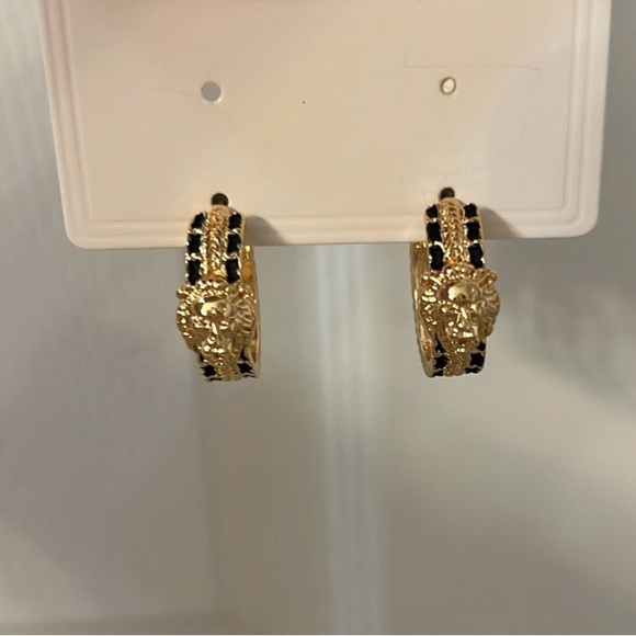 Gold and Black Lion Head Hoop Earrings - Picture 1 of 8